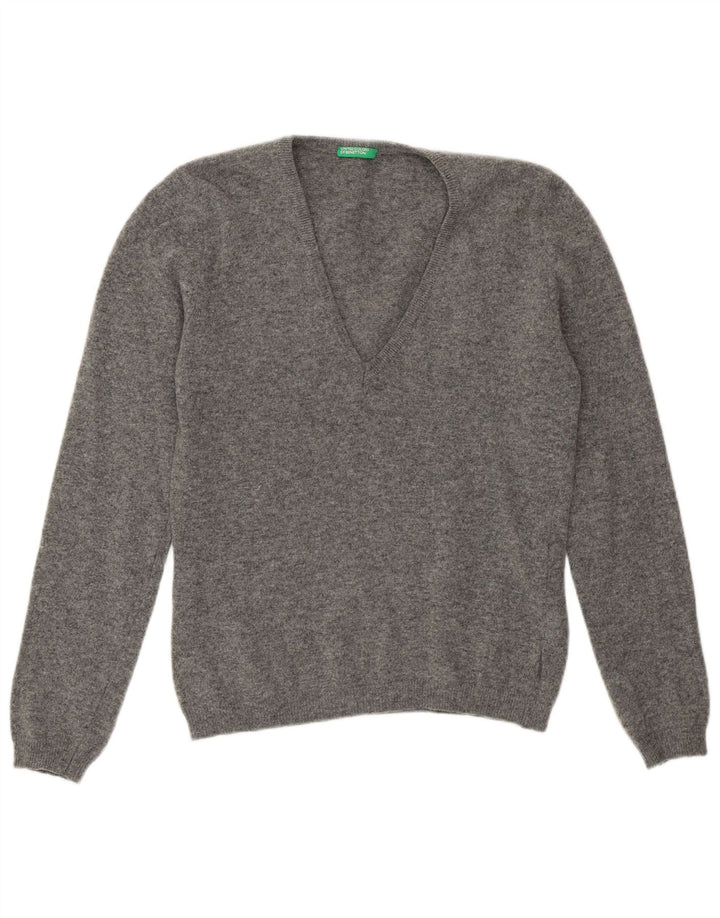 Benetton Jersey Con Cuello En V Para Mujer UK 42 Lana Gris Medio