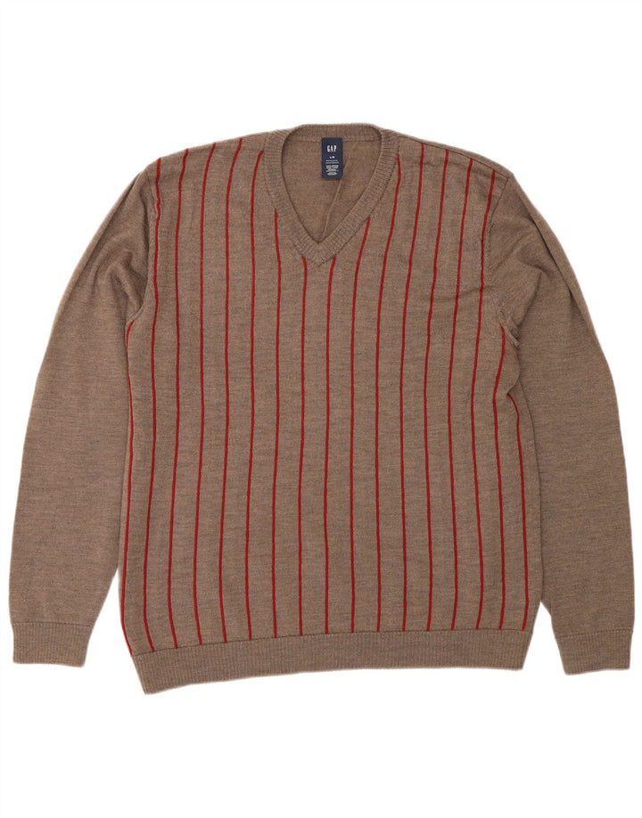 Gap Jersey con Cuello en V para Hombre de Lana Merino a Rayas Gris Grande
