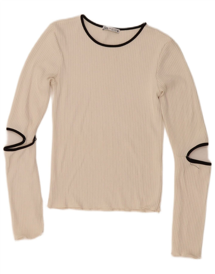 Zara Mujer Top Manga Larga UK 8 Small Blanco