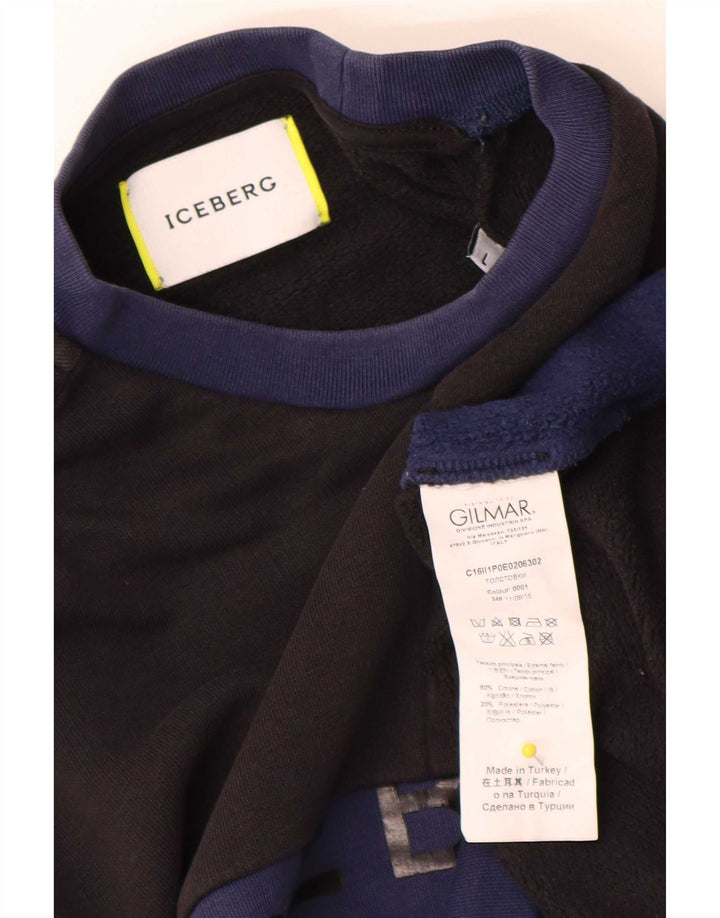 Iceberg Sudadera Con Estampado De Hombre, Jersey Grande De Algodón Con Bloques De Color Negro
