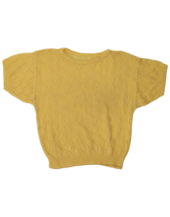 Vintage mujeres ver a través de cuello redondo jersey suéter Reino Unido 14 amarillo medio