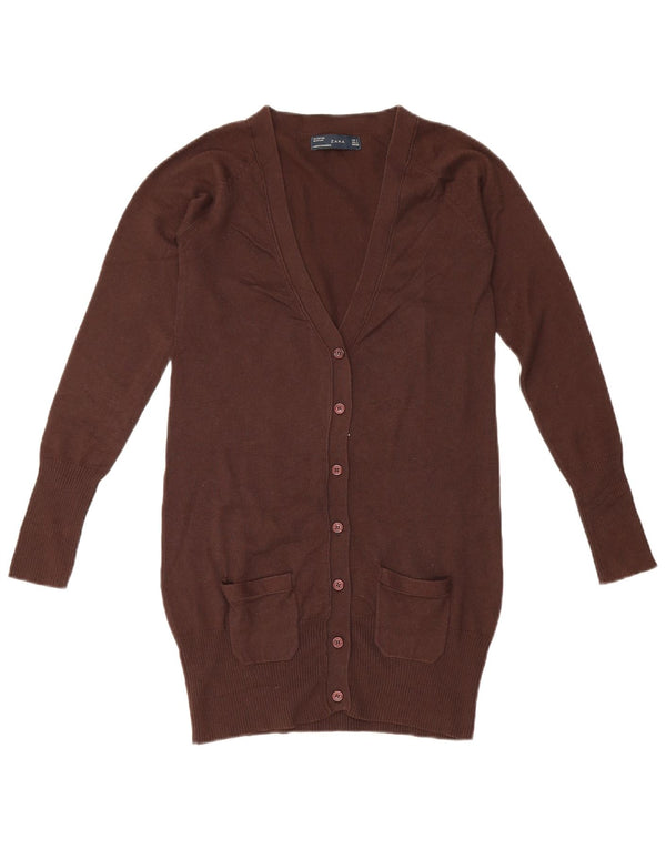 Zara Womens Longline Cardigan Sweater UK 10 Small Brown Cotton