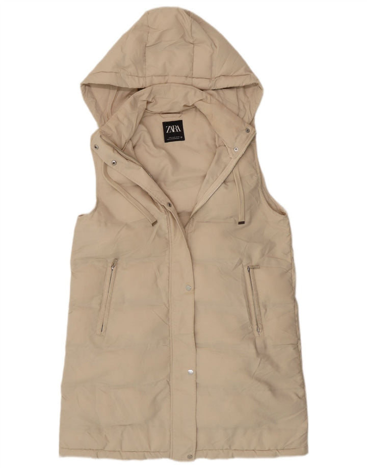 Zara Mujer Chaleco Largo Acolchado Con Capucha UK 44 Poliéster Beige Medio