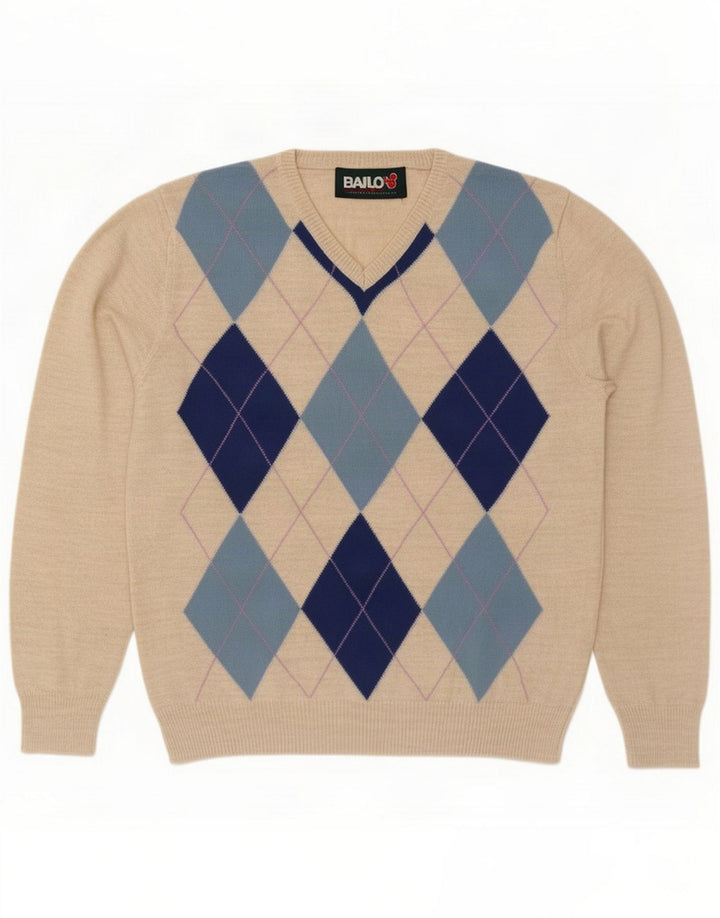 Bailo suéter con cuello en V para hombre, talla grande, beige, lana Argyle/Diamond