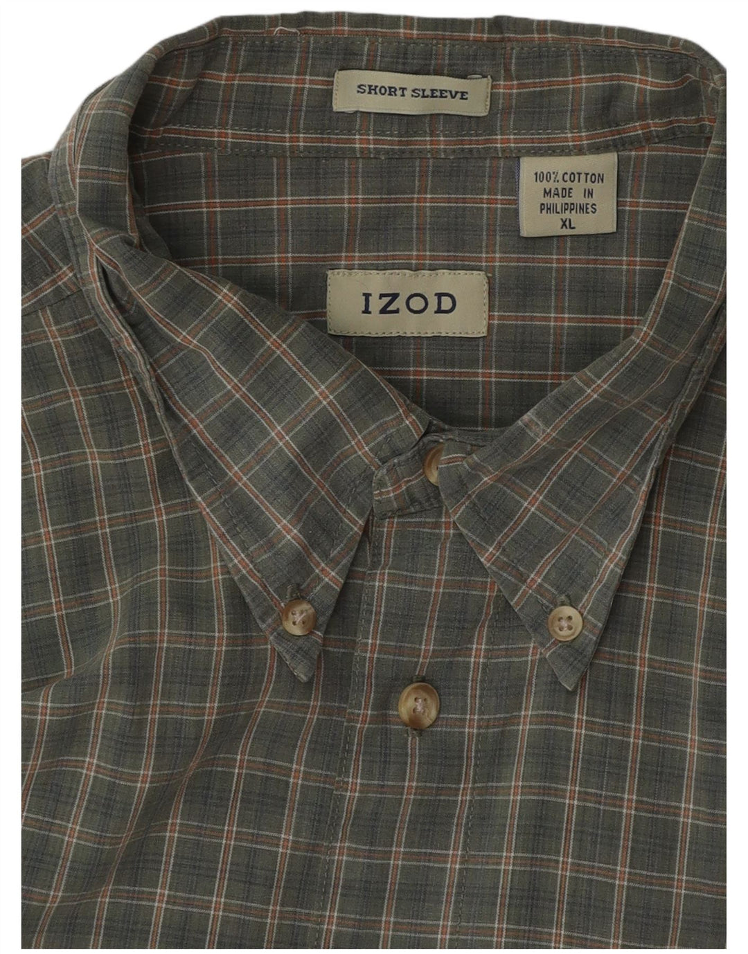 IZOD Camisa de manga corta para hombre XL Algodón a cuadros caqui