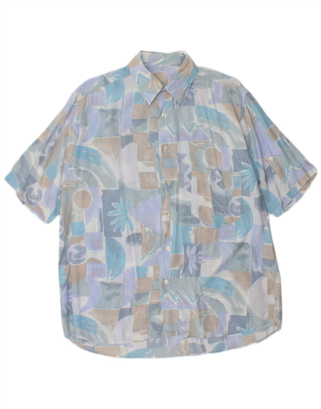 VINTAGE Camisa de manga corta para hombre azul medio geométrico