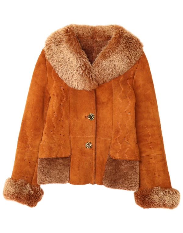 Vintage mujer shearling chaqueta Reino Unido 12 cuero marrón medio