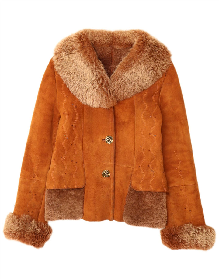Vintage mujer shearling chaqueta Reino Unido 12 cuero marrón medio