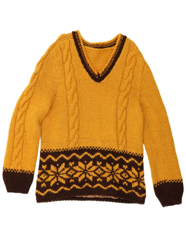 Vintage mujer V-cuello jumper suéter Reino Unido 14 medio amarillo Fair Isle