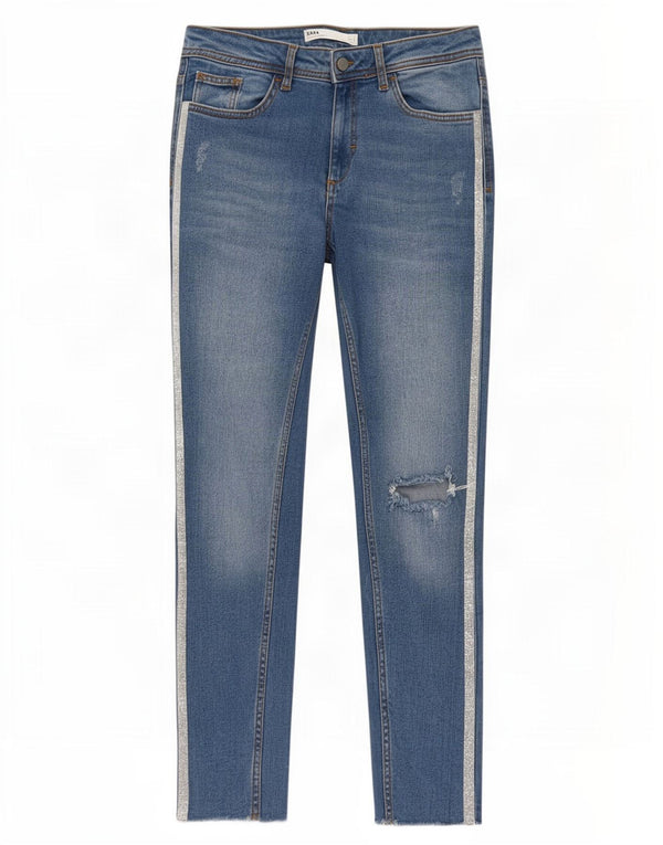 Zara Jeans Slim Desgastados para Mujer EU 40 Medium W30 L27 Algodón A Rayas Azul