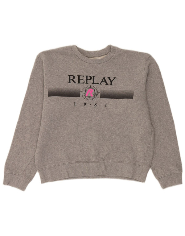 Replay Sudadera de gran tamaño con estampado gráfico para mujer UK 10 Small Grey Cotton