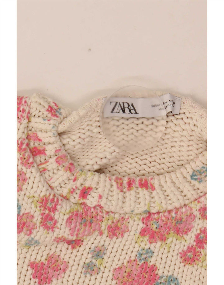 Zara Mujer Crop Vest Tank Top UK 40 Medio Blanco Floral Poliéster