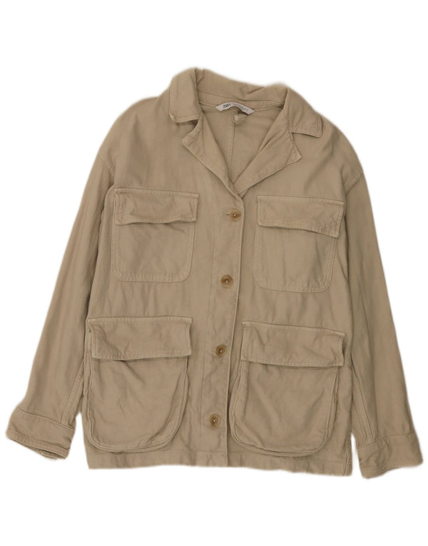 Zara Mujer Chaqueta Utilitaria Extragrande UK 10 Small Algodón Caqui