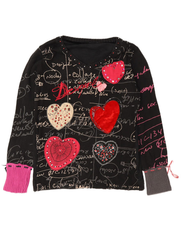 Desigual Mujer Gráfico Top Manga Larga UK 18 XL Negro Algodón Corazón