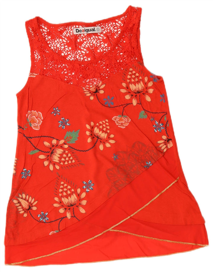DESIGUAL Blusa sin mangas para mujer Top UK 10 Small Red Floral Cotton