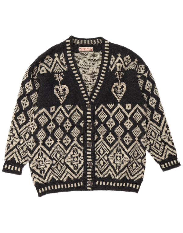 Vintage mujer Cardigan suéter Reino Unido 16 Grande Negro Fair Isle