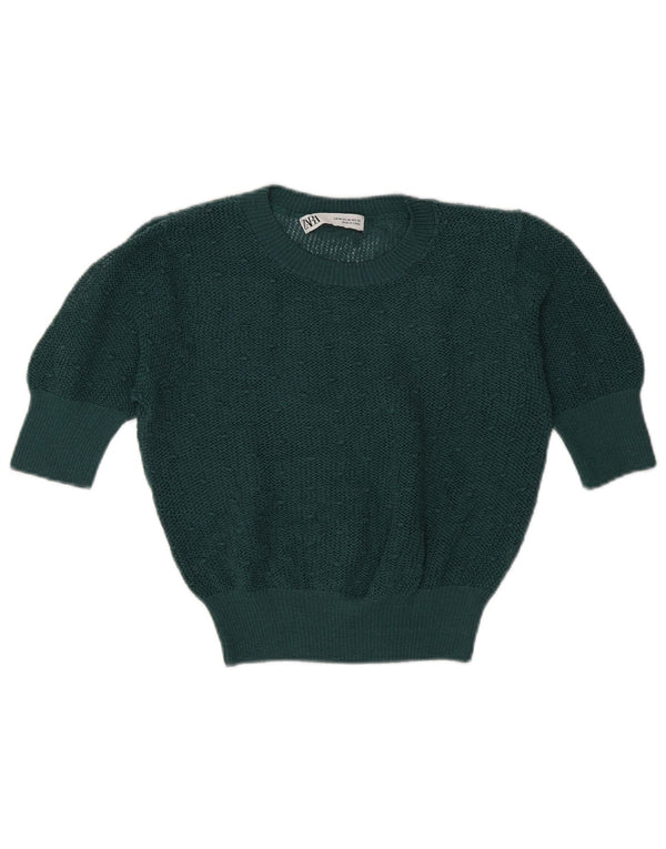 Zara Mujer Crop Manga Corta Cuello Redondo Jersey Jersey UK 40 Verde Medio