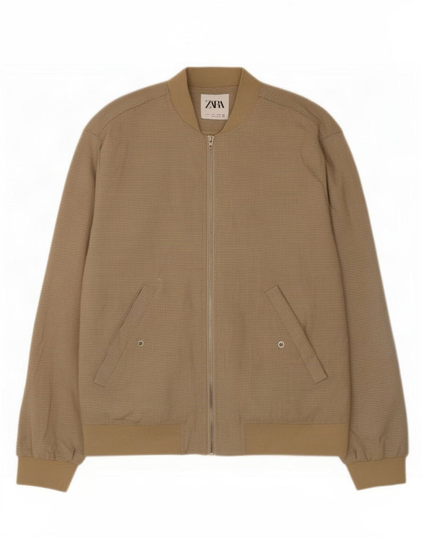 Zara Mens Bomber Jacket UK 36 Small Beige Check Polyester