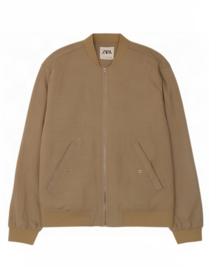 Zara Mens Bomber Jacket UK 36 Small Beige Check Poliéster