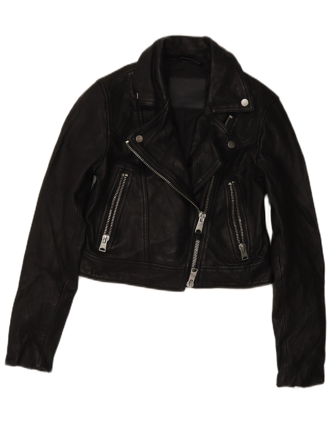 All Saints Chaqueta motera de cuero corta para mujer UK 4 XS Cuero negro