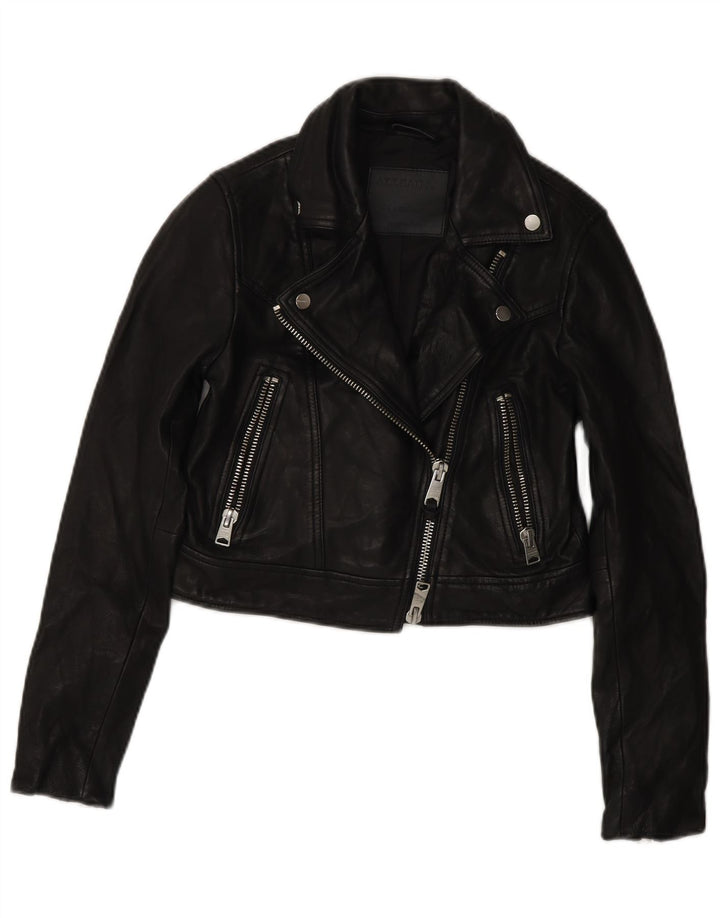 All Saints Chaqueta motera de cuero corta para mujer UK 4 XS Cuero negro