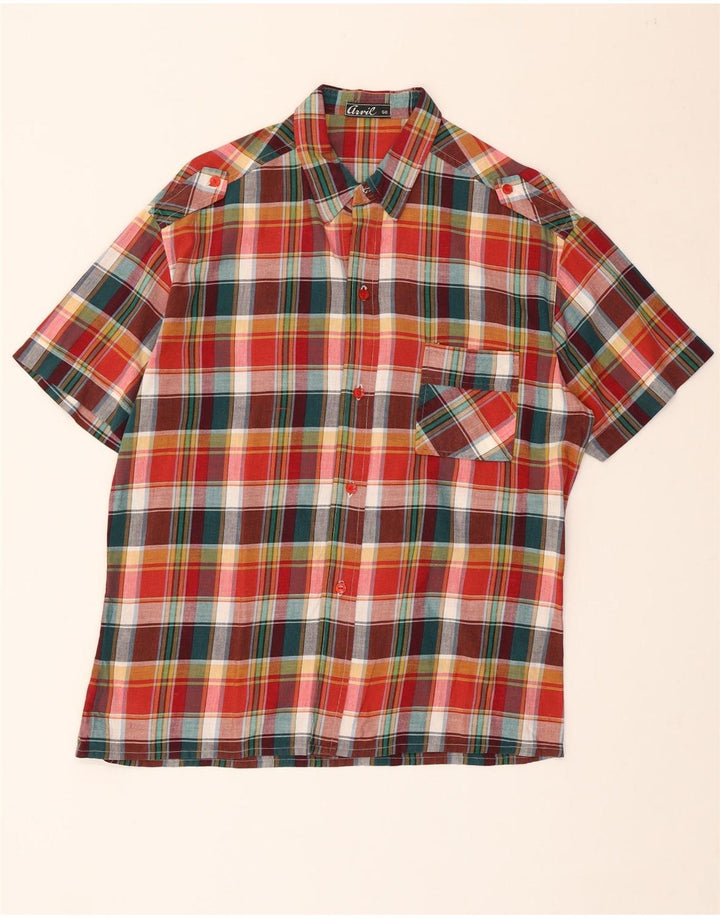 VINTAGE Camisa militar de manga corta para hombre IT 50 Cuadros medianos multicolores