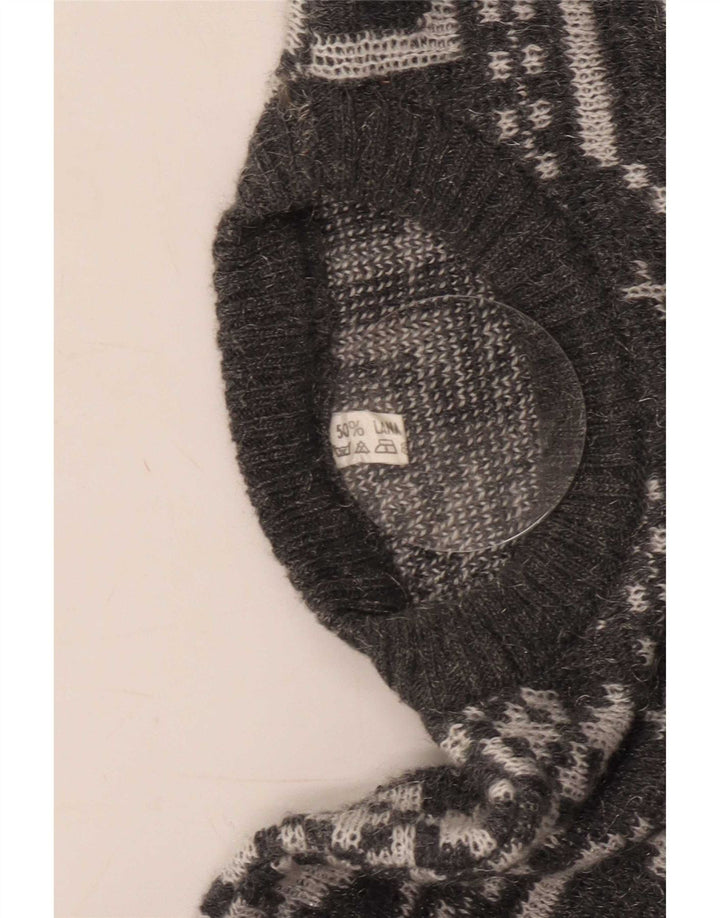 Vintage hombres cuello redondo jersey suéter gris medio lana geométrica