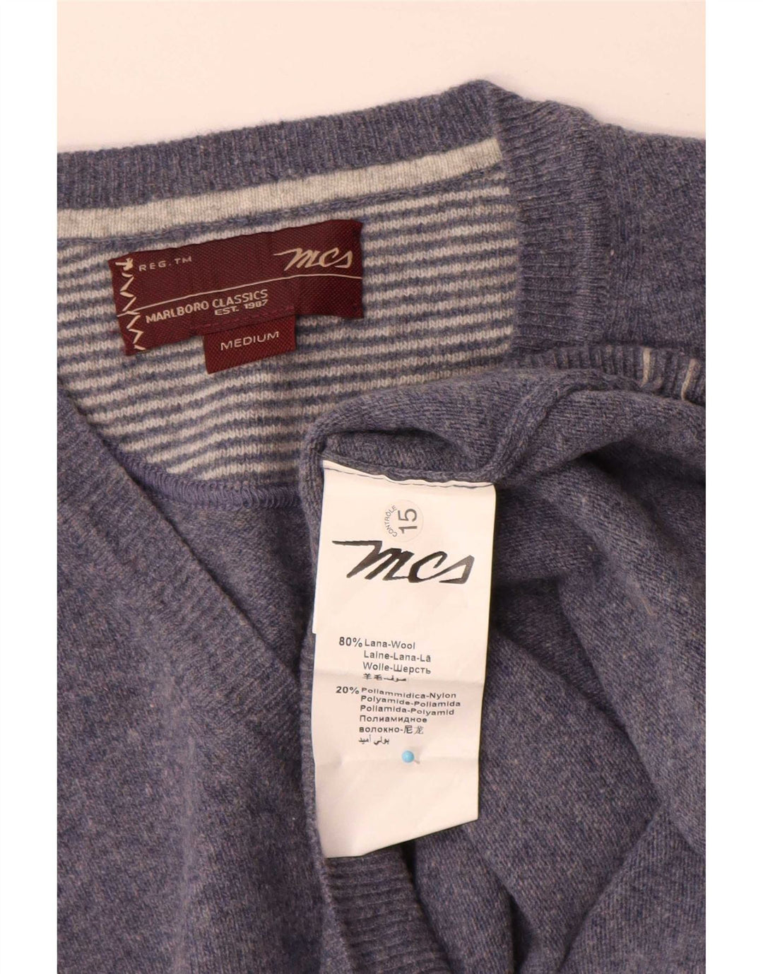 Marlboro Classics - Jersey con cuello en V para hombre, lana azul medio