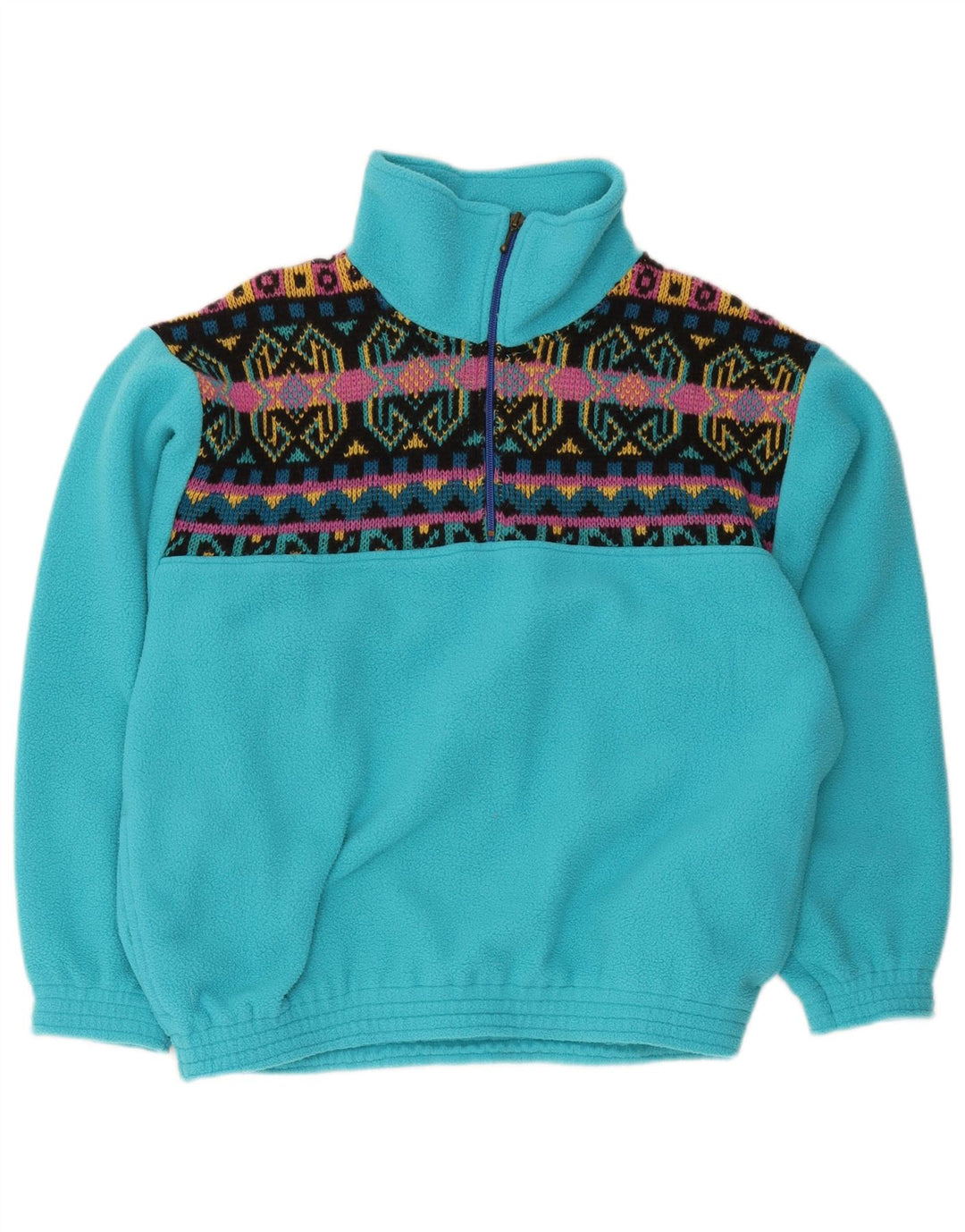 Vintage hombres zip cuello polar jumper medio azul geométrico