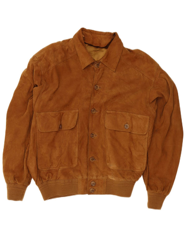 Vintage hombres ante bomber chaqueta Reino Unido 38 cuero marrón medio