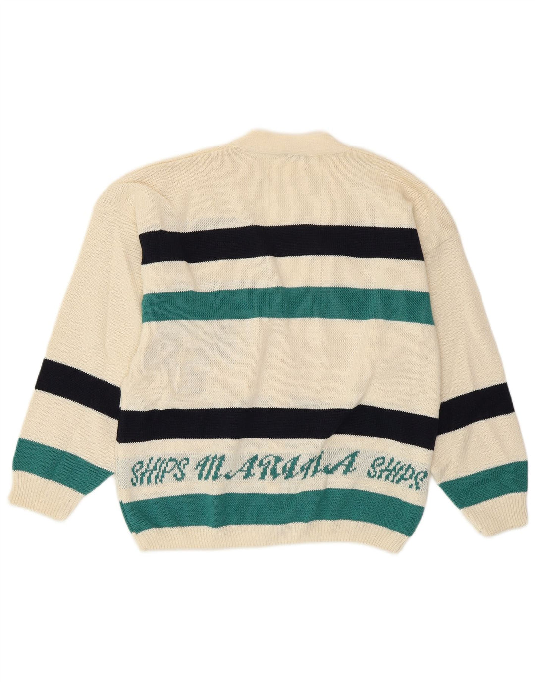VINTAGE Hombres Yachting Graphic Cardigan Suéter Pequeño De Rayas Blancas