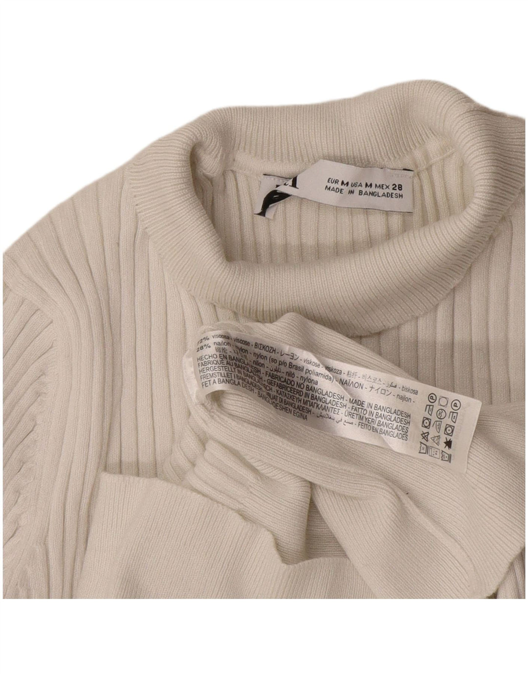 Zara Mujer Crop Roll Neck Jumper Sweater UK 12 Medium White Viscosa