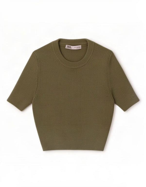 Zara Mujer Crop Manga Corta Cuello Redondo Jersey Jersey UK 8 Small Caqui