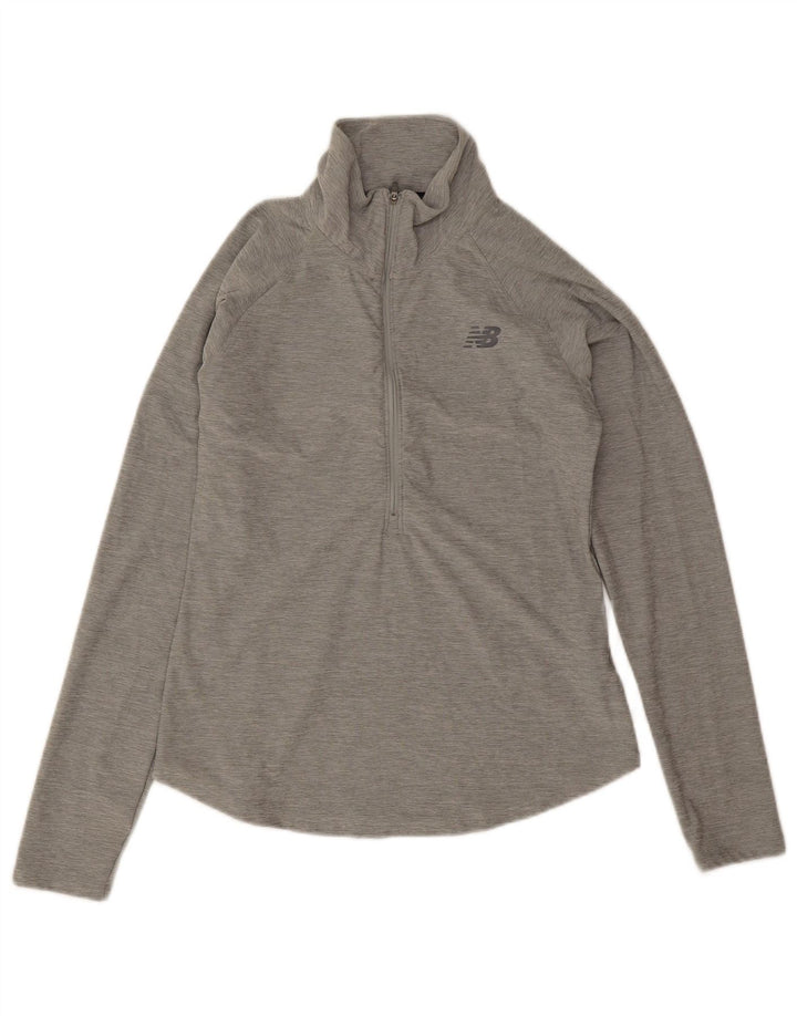 New Balance Mujer Zip Neck Top Manga Larga UK 10 Small Gris Poliéster