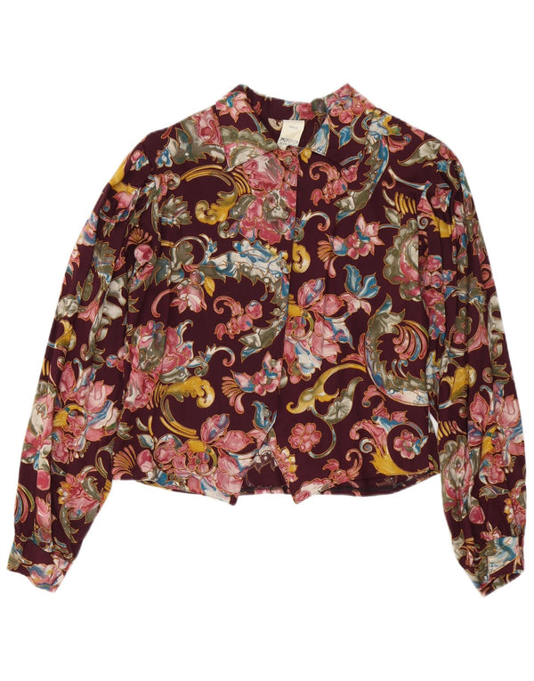 Vintage mujer camisa blusa Reino Unido 10 pequeño borgoña floral viscosa
