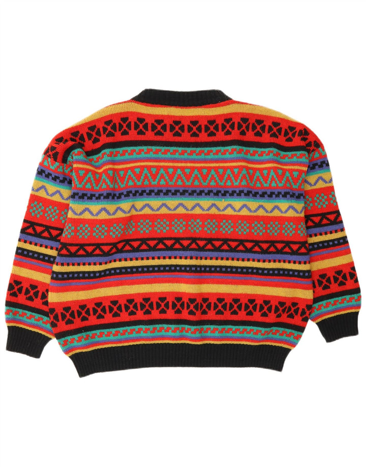 Vintage hombres cuello redondo jersey suéter medio multicolor Fair Isle