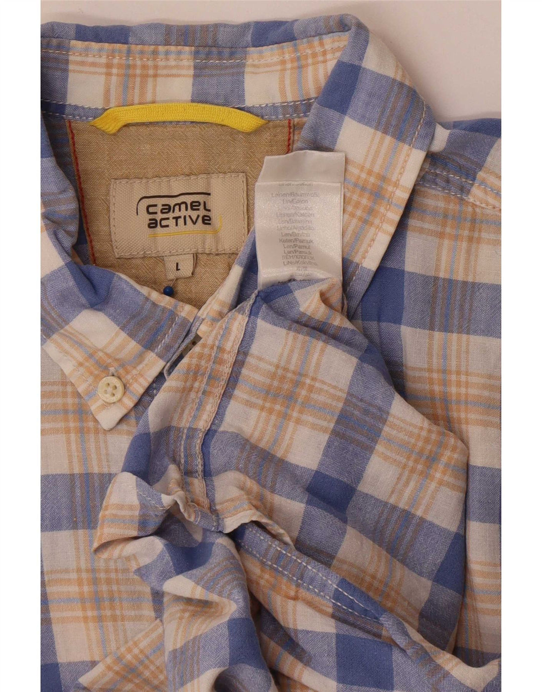 Camisa de manga corta para hombre Camel de lino a cuadros azules grandes