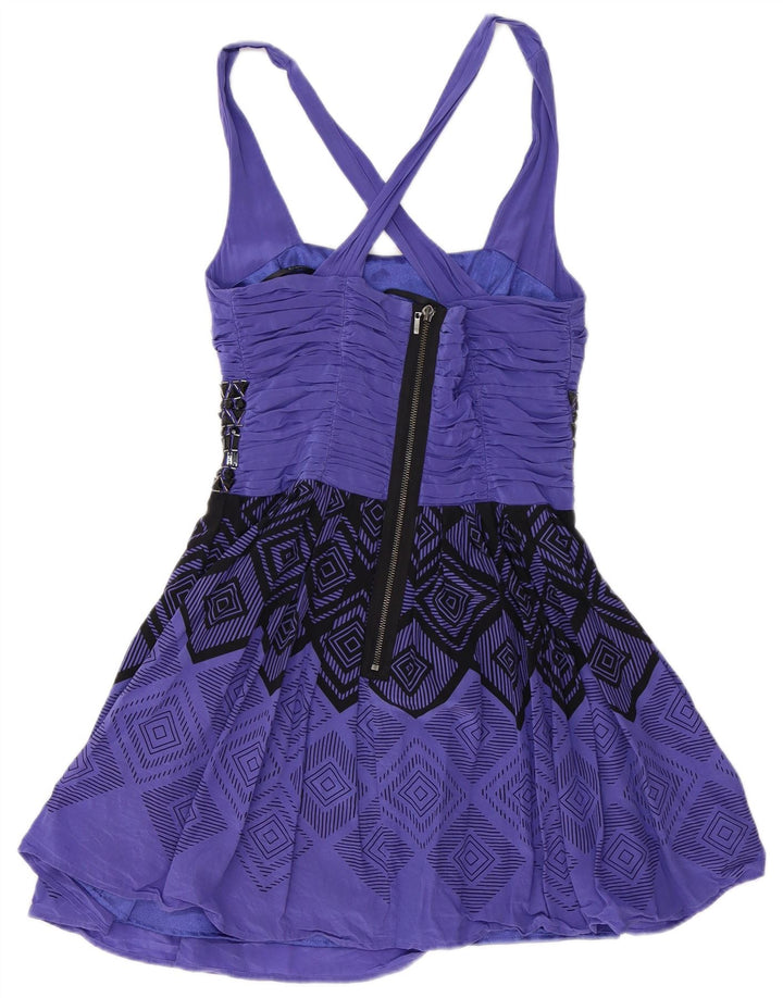 Vintage mujer Halter Top Reino Unido 12 Poliéster geométrico púrpura medio