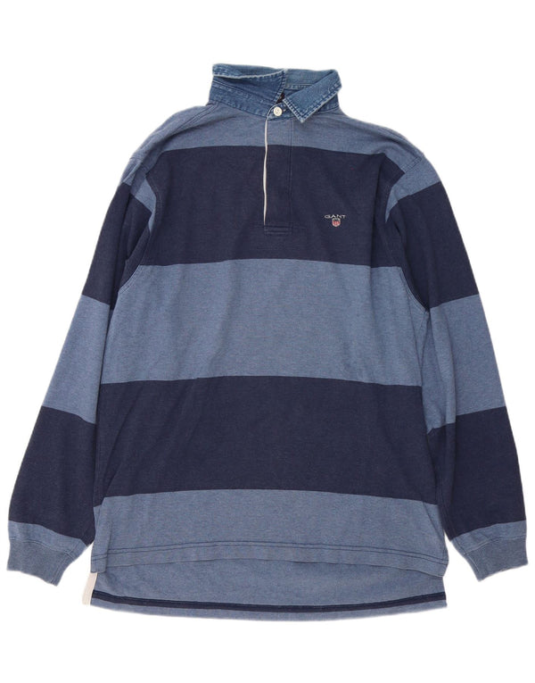 Gant Mens Long Sleeve Rugby Polo Shirt Medium Navy Blue Striped Cotton
