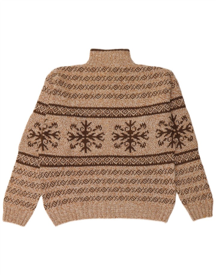 Vintage hombres zip cuello jumper suéter medio marrón justo isla acrílico