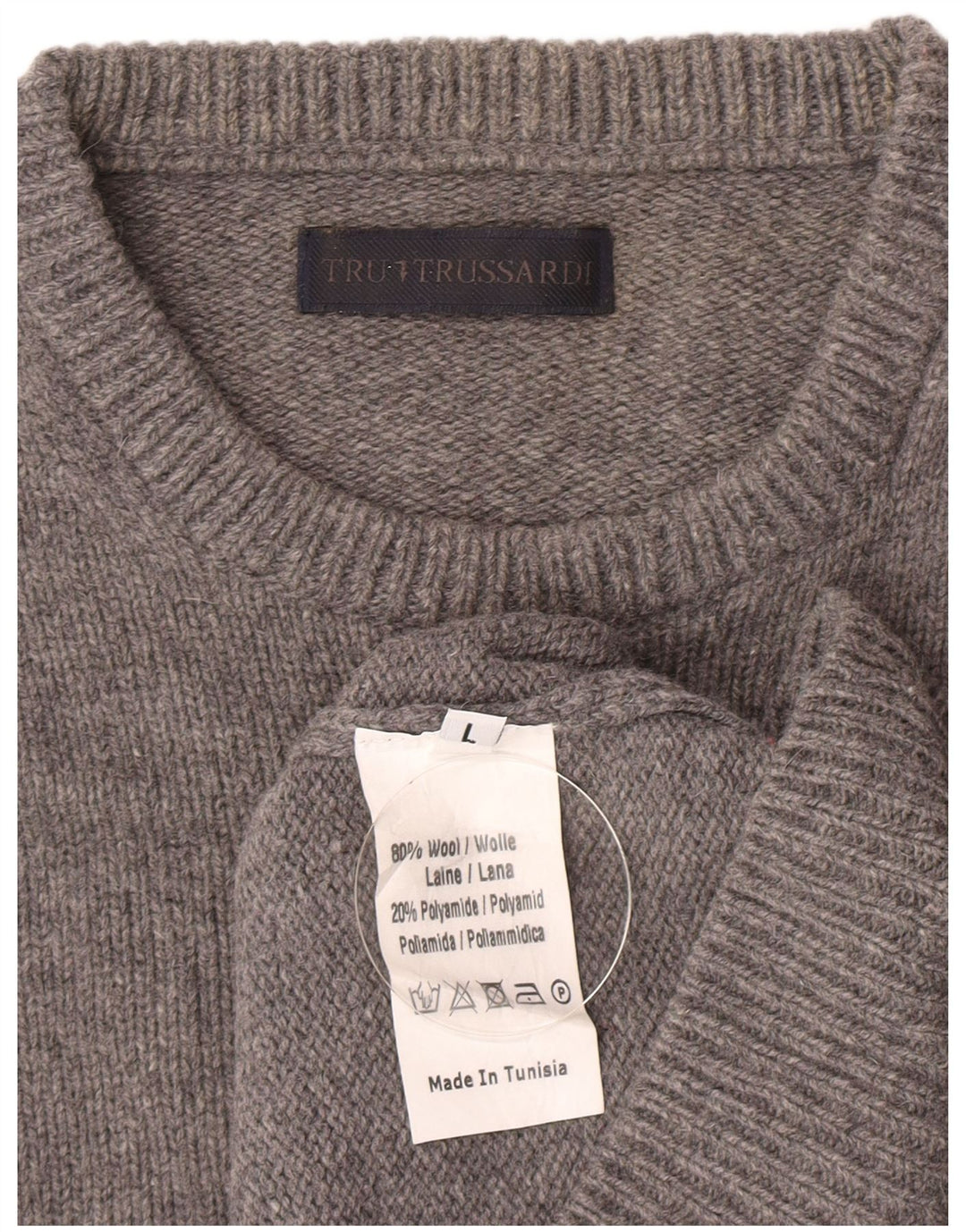 Trussardi Jersey de cuello redondo para mujer UK 46 Large Lana gris