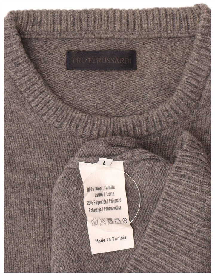 Trussardi Jersey de cuello redondo para mujer UK 46 Large Lana gris