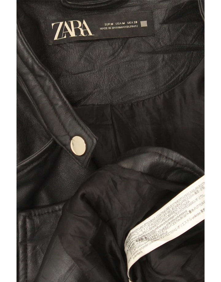 Zara Chaqueta Motera Corta De Piel Sintética Para Mujer UK 40 Mediana Polietileno Negro