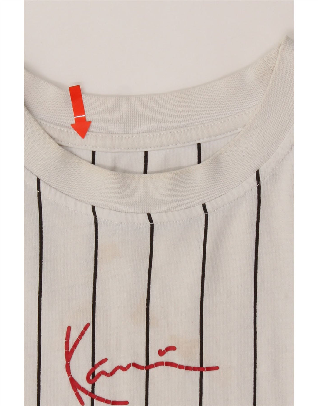 KARL KANI Mens Graphic T-Shirt Top Medium White Striped Cotton Vintage Karl Kani and Second-Hand Karl Kani from Messina Hembry 