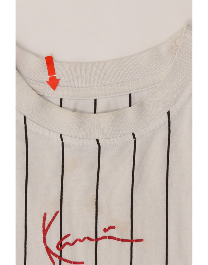 KARL KANI Mens Graphic T-Shirt Top Medium White Striped Cotton Vintage Karl Kani and Second-Hand Karl Kani from Messina Hembry 
