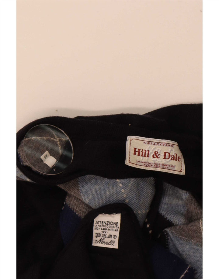 Vintage hombres V-cuello jumper suéter IT 48 medio azul marino Argyle/Diamond
