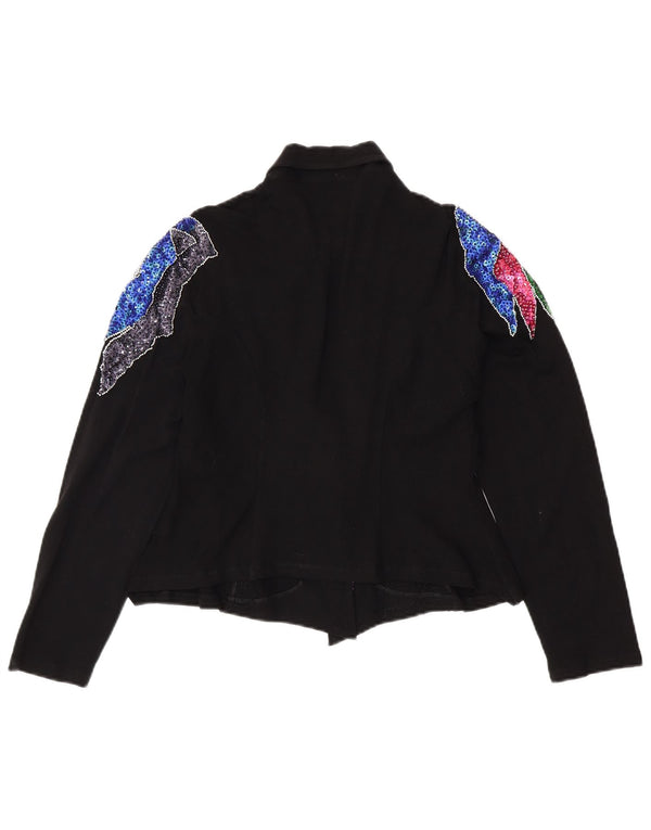 VINTAGE Mujer Crop Shirt Blusa Reino Unido 12 Medio Negro Floral Spandex