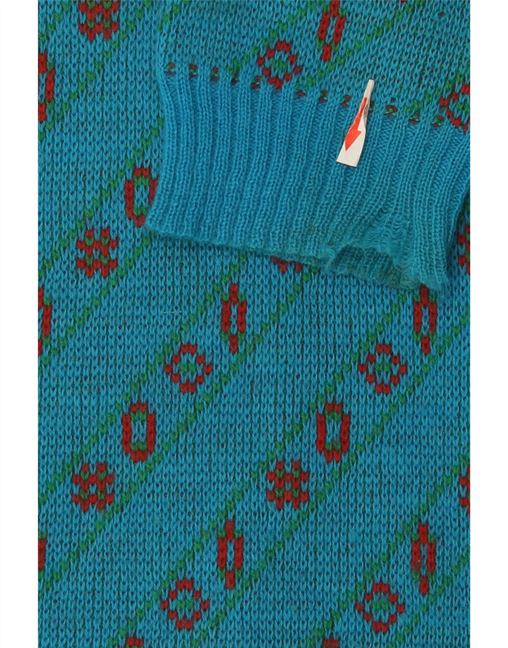Vintage hombres V-cuello jumper suéter grande azul geométrico lana