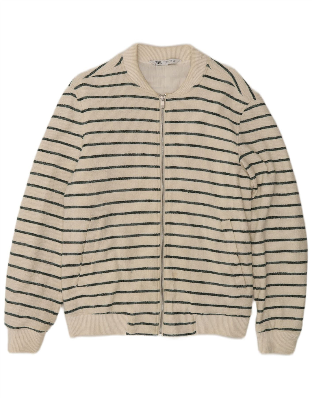 Zara Hombre Cárdigan Sueter Mediano Algodón Rayas Blanco