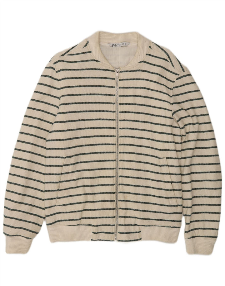 Zara Hombre Cárdigan Sueter Mediano Algodón Rayas Blanco